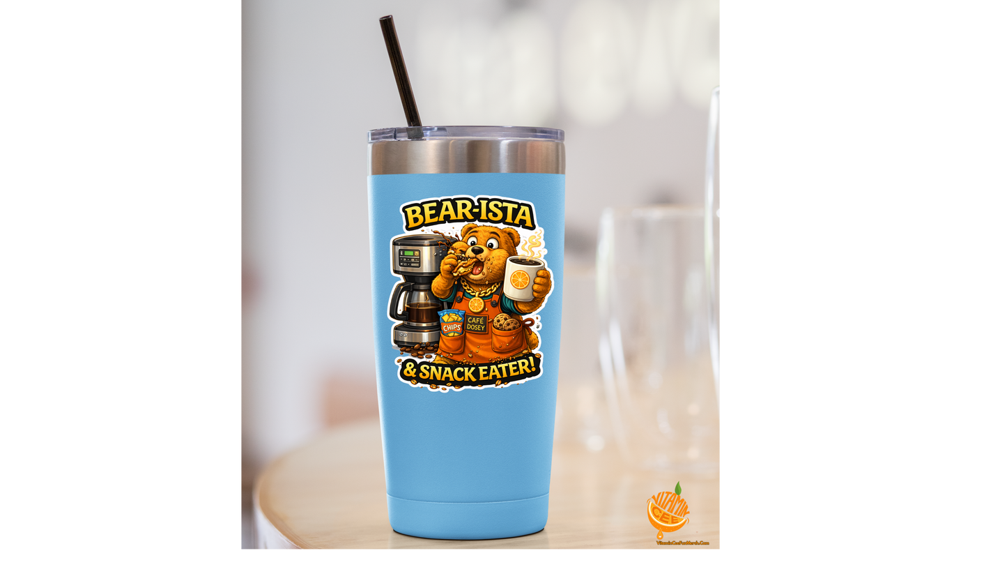 Bear-ista Sticker – Funny Coffee Dosey Bear™ Vinyl Sticker, Barista Humor Decal, Coffee Lover Gift, Cute Snack Lover Sticker