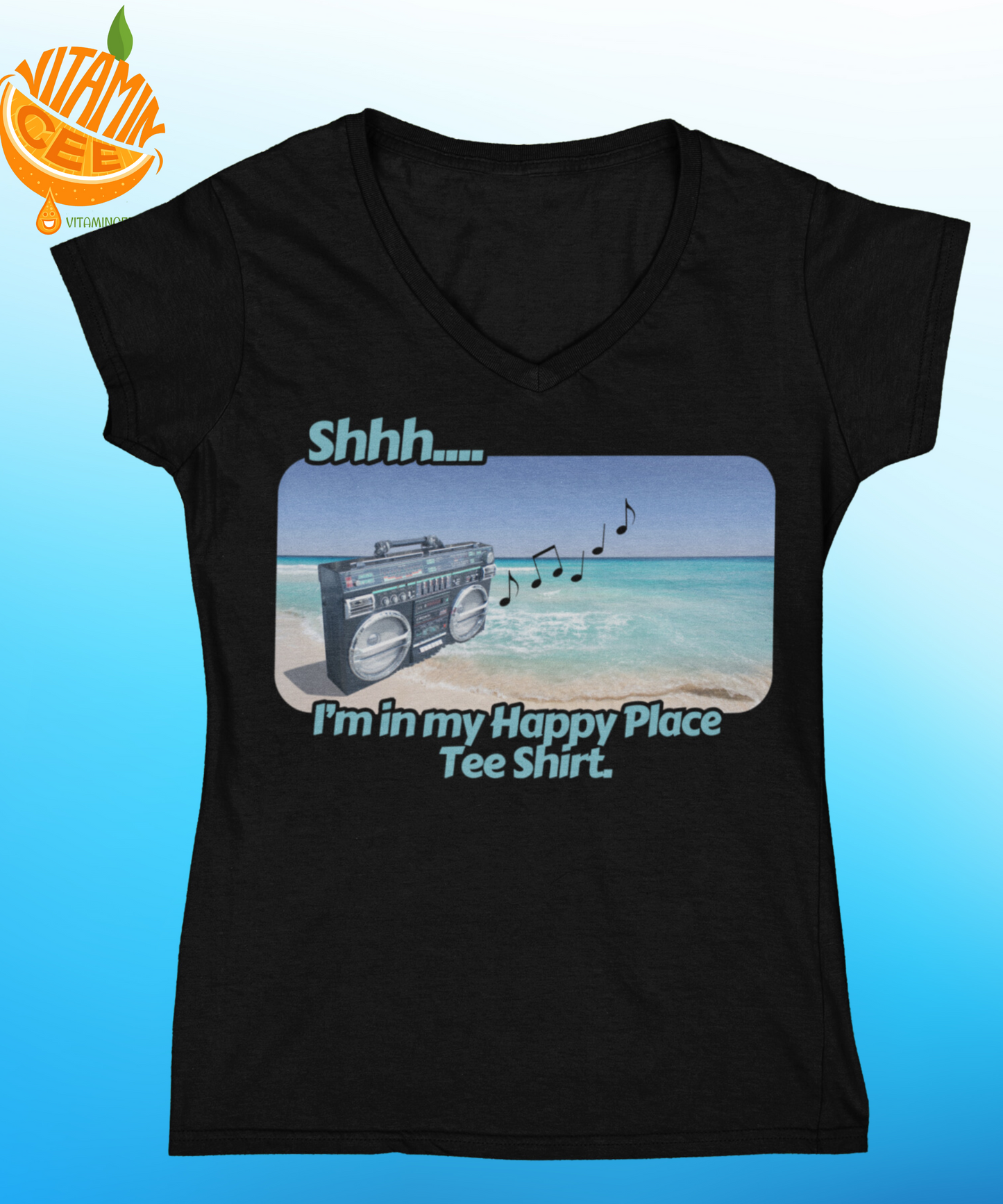 Giant Boombox by the Beach Blasting your Beats? I found your Happy Place Tee Shirt!