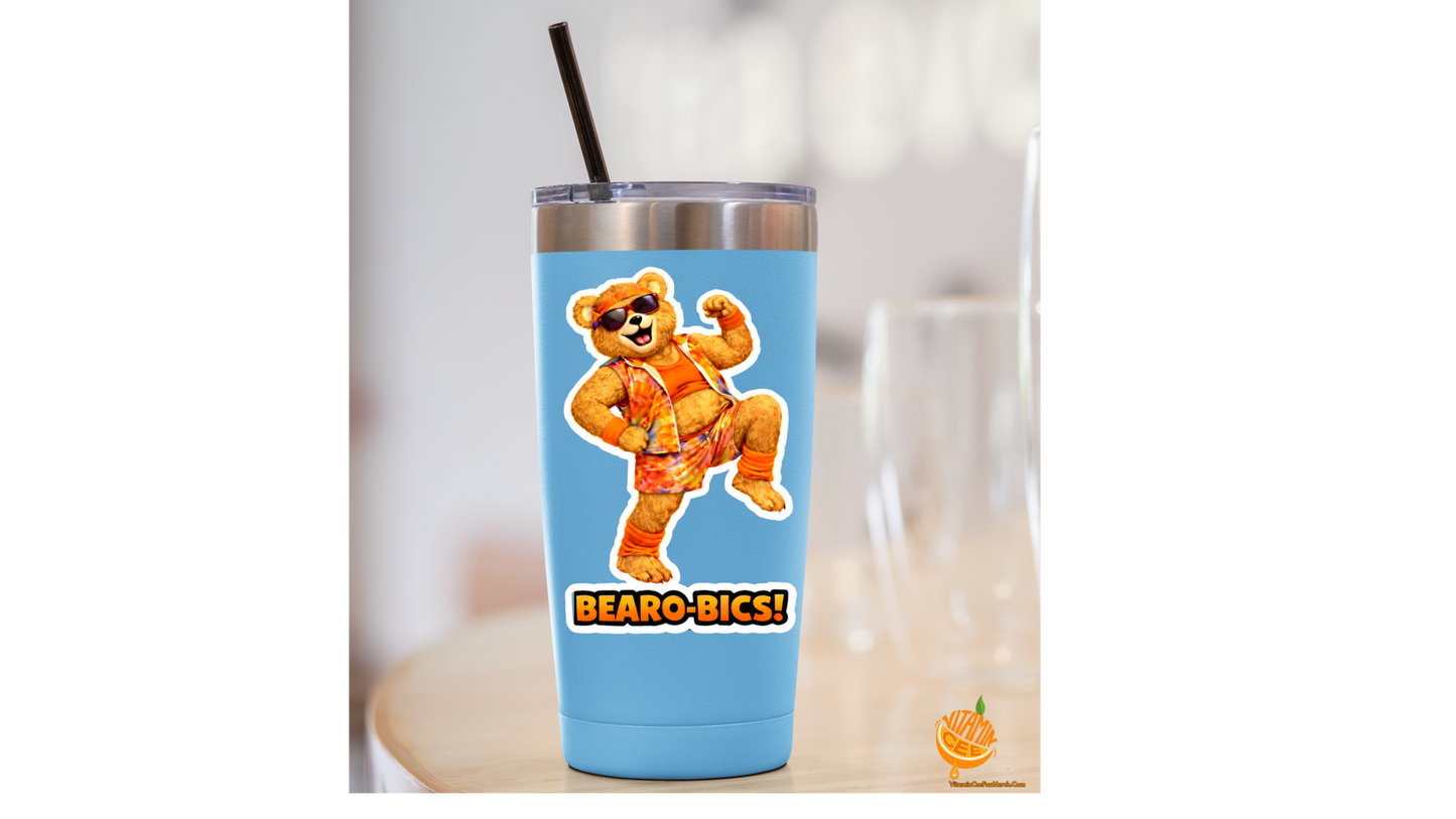 Bearo-bics Sticker – Funny Workout Dosey Bear™ Vinyl Sticker, Retro Fitness Humor Decal, Cute Gym Bear Sticker