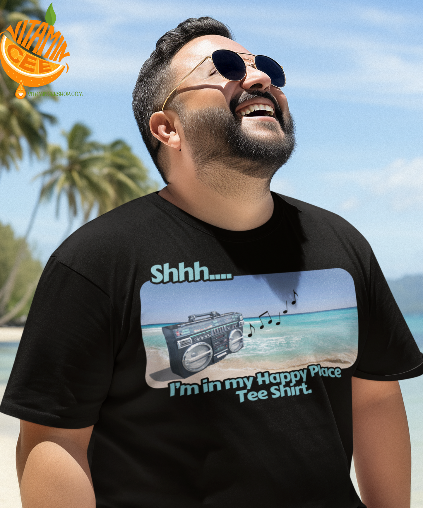 Giant Boombox by the Beach Blasting your Beats? I found your Happy Place Tee Shirt!