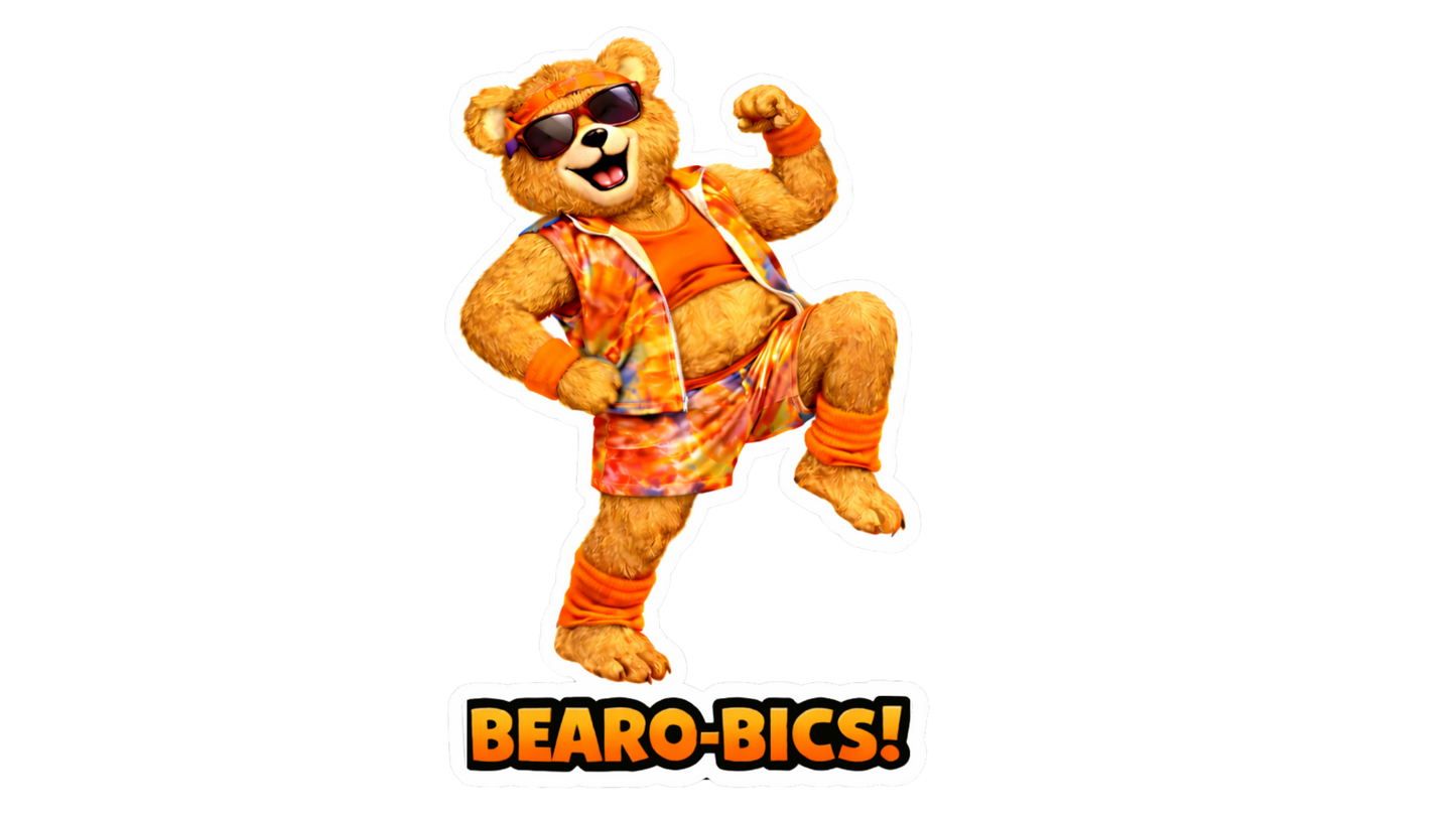 Bearo-bics Sticker – Funny Workout Dosey Bear™ Vinyl Sticker, Retro Fitness Humor Decal, Cute Gym Bear Sticker