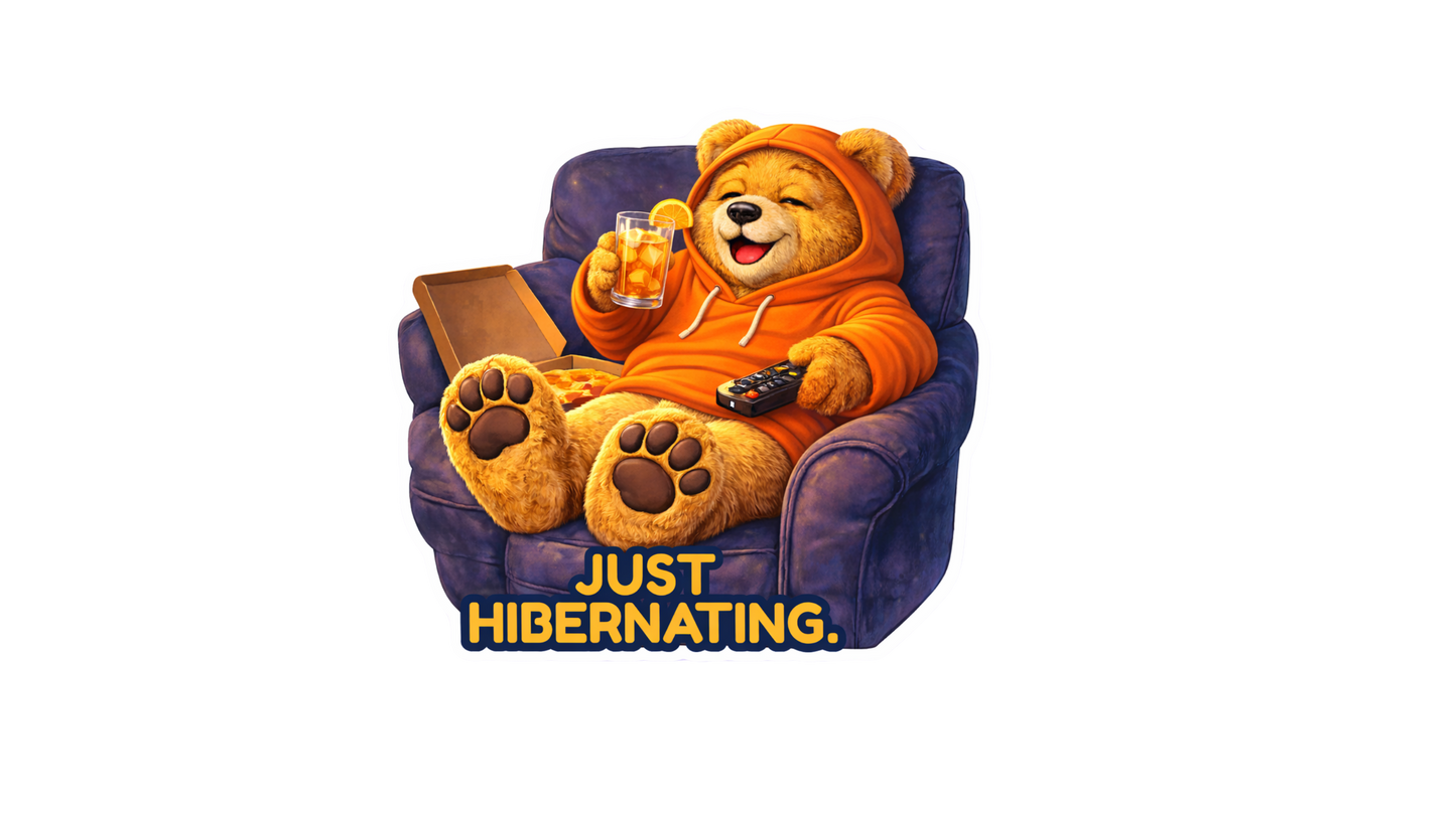 Just Hibernating Dosey Bear™ Sticker – Funny Lazy Bear Vinyl Sticker, Cozy Couch Cartoon Decal, Cute Animal Sticker, Relaxing Vibes, Gift Idea