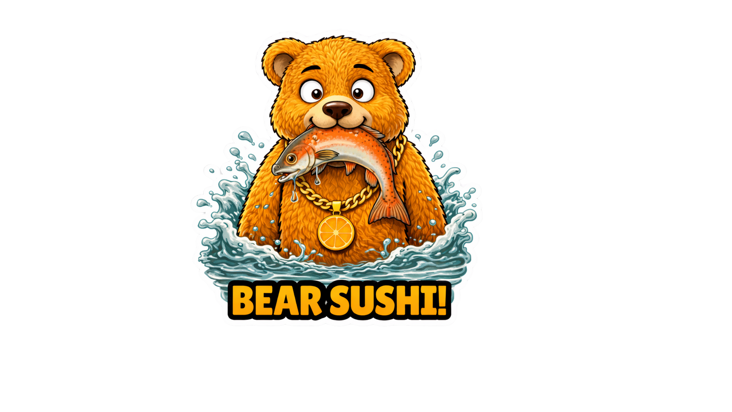 Dosey Bear™ Sushi Sticker – Funny Bear Eating Fish Vinyl Sticker, Cute Food Pun Decal, Cartoon Bear Art, Sushi Lover Gift