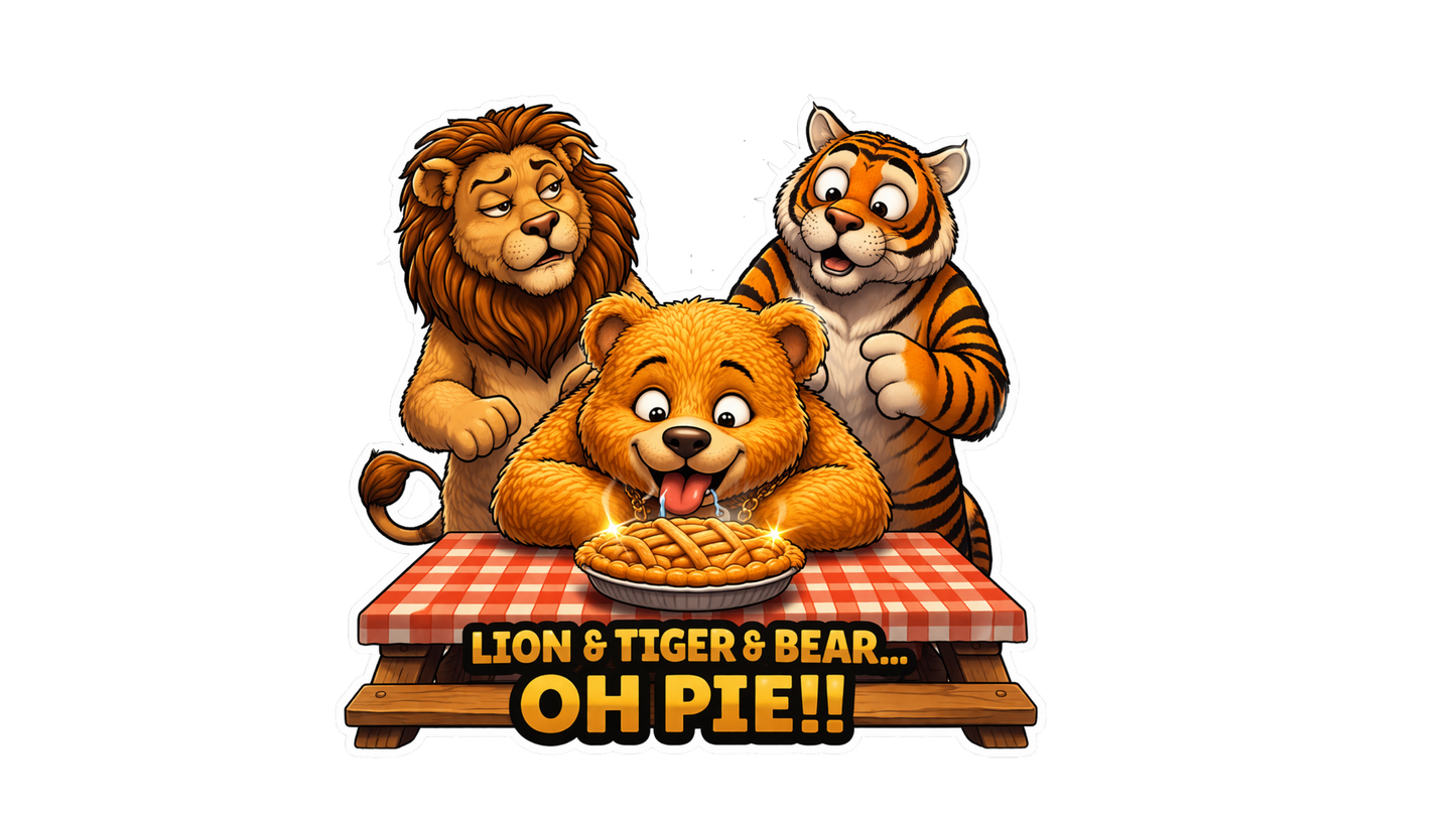 Lion Tiger Bear Oh Pie Sticker – Funny Animal Pun Vinyl Sticker, Cute Dosey Bear™ Pie Cartoon Decal, Wizard Humor Sticker, Food Pun Gift
