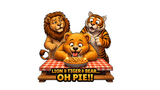 Lion Tiger Bear Oh Pie Sticker – Funny Animal Pun Vinyl Sticker, Cute Dosey Bear™ Pie Cartoon Decal, Wizard Humor Sticker, Food Pun Gift