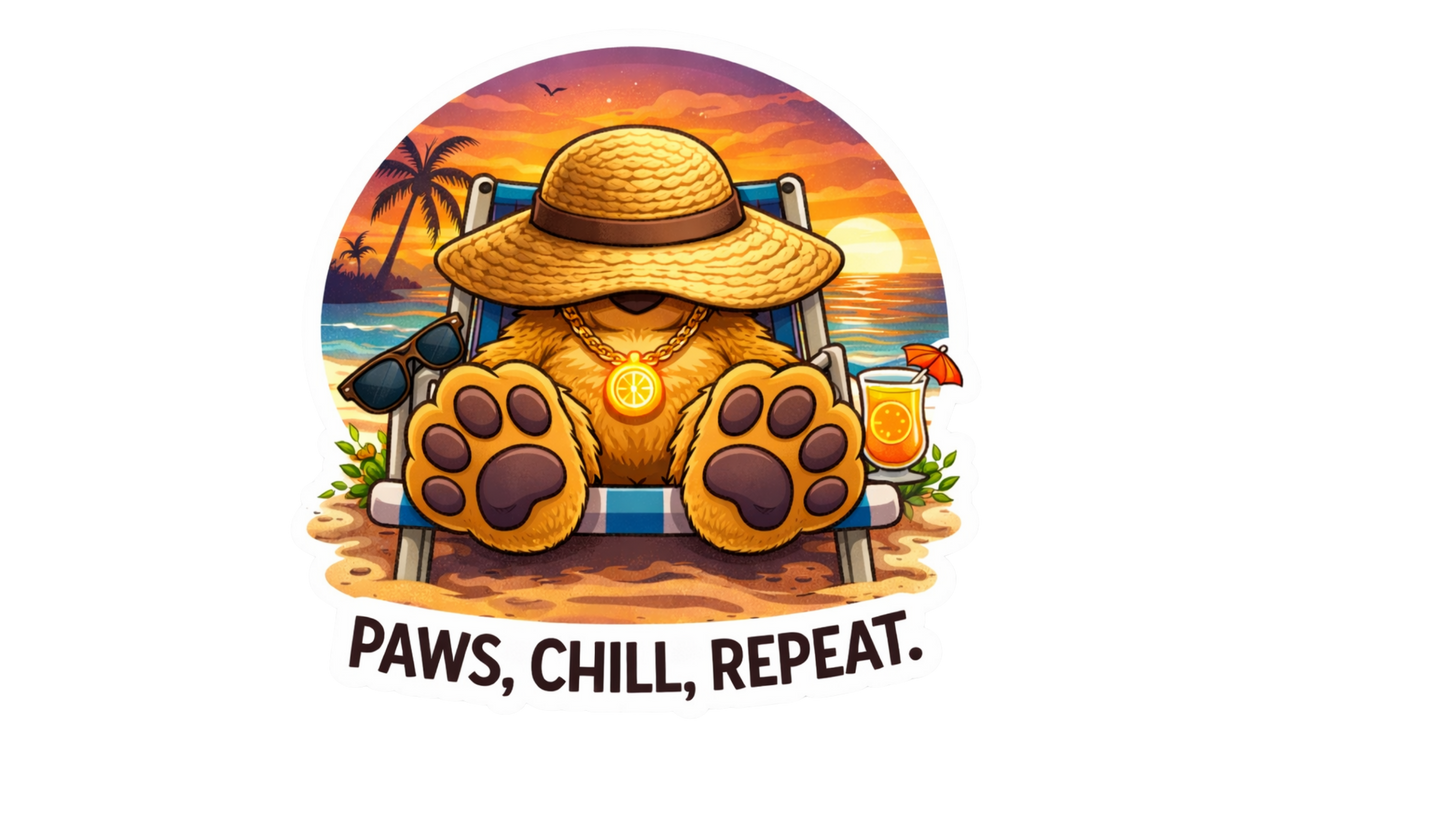 Paws Chill Repeat Sticker – Cute Beach Dosey Bear™ Vinyl Sticker, Relaxing Summer Aesthetic Decal, Chill Vibes Cartoon Bear, Vacation Sticker