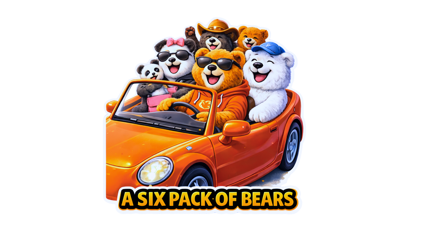 A Six Pack of Bears Sticker – Funny Bear Pun Vinyl Sticker, Dosey Bear™ Friends Car Decal, Road Trip Cartoon Sticker, Humor Gift