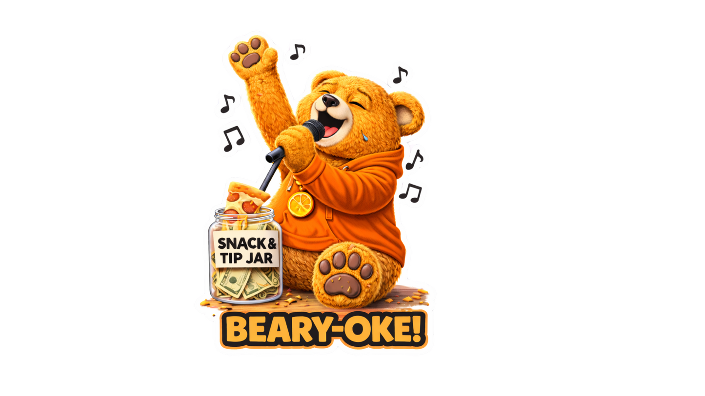 Beary-Oke Sticker – Funny Karaoke Bear Vinyl Sticker, Singing Dosey Bear™ Decal, Cute Music Humor Sticker, Snack Tip Jar Cartoon
