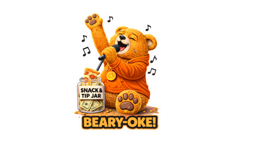 Beary-Oke Sticker – Funny Karaoke Bear Vinyl Sticker, Singing Dosey Bear™ Decal, Cute Music Humor Sticker, Snack Tip Jar Cartoon