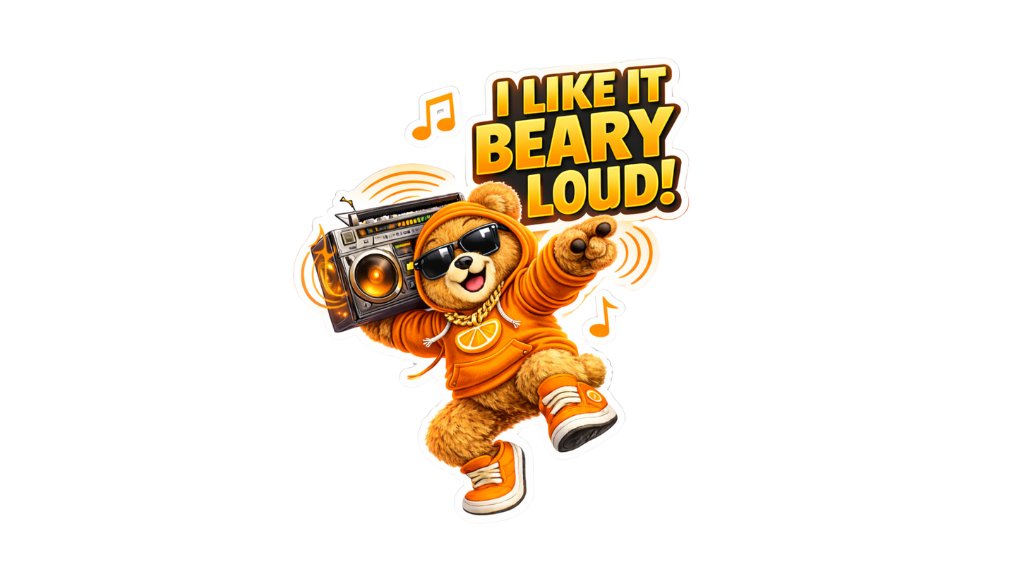 I Like It Beary Loud Sticker – Funny Boombox Dosey Bear™ Vinyl Sticker, Cute Music Lover Decal, Cartoon DJ Bear, Orange Hoodie Bear Sticker