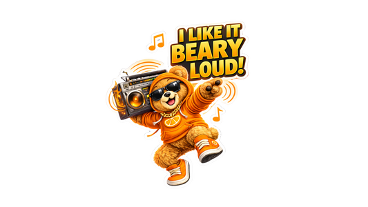 I Like It Beary Loud Sticker – Funny Boombox Dosey Bear™ Vinyl Sticker, Cute Music Lover Decal, Cartoon DJ Bear, Orange Hoodie Bear Sticker