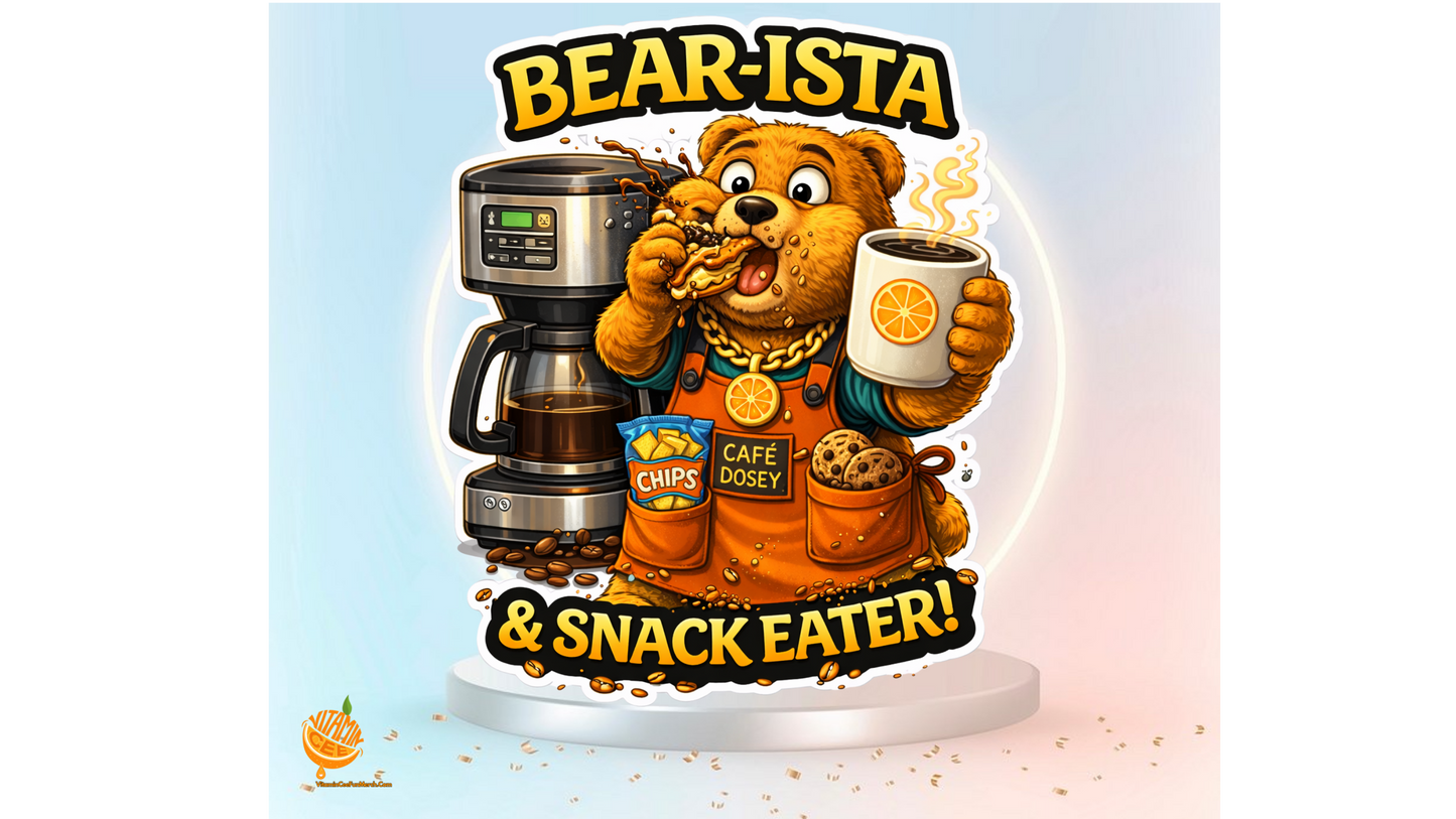 Bear-ista Sticker – Funny Coffee Dosey Bear™ Vinyl Sticker, Barista Humor Decal, Coffee Lover Gift, Cute Snack Lover Sticker