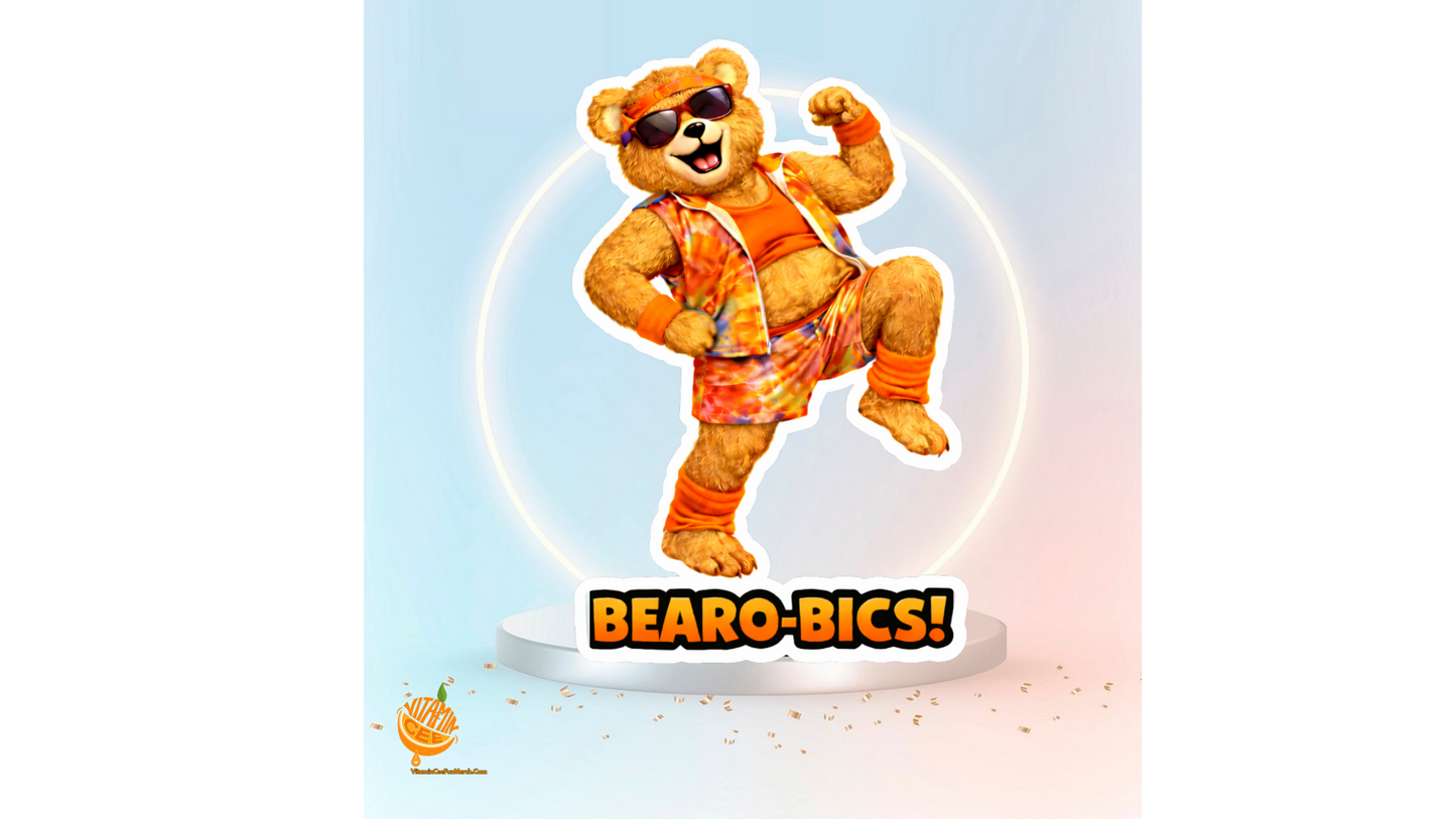 Bearo-bics Sticker – Funny Workout Dosey Bear™ Vinyl Sticker, Retro Fitness Humor Decal, Cute Gym Bear Sticker