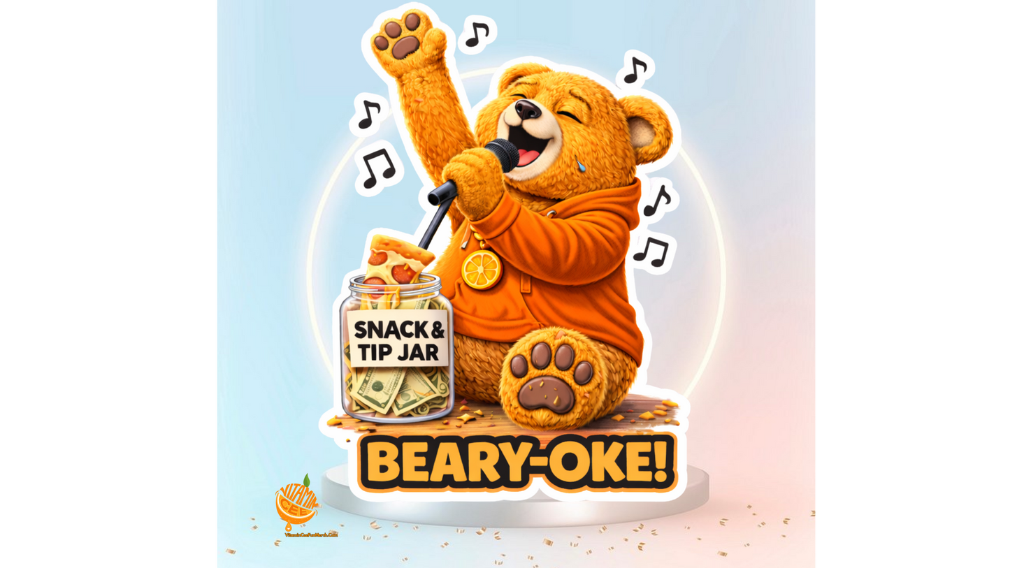 Beary-Oke Sticker – Funny Karaoke Bear Vinyl Sticker, Singing Dosey Bear™ Decal, Cute Music Humor Sticker, Snack Tip Jar Cartoon