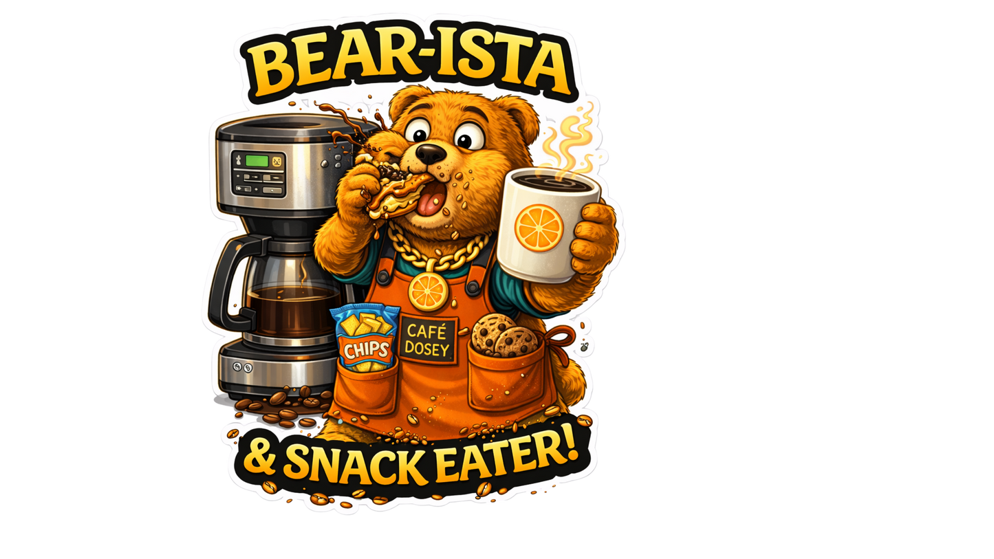 Bear-ista Sticker – Funny Coffee Dosey Bear™ Vinyl Sticker, Barista Humor Decal, Coffee Lover Gift, Cute Snack Lover Sticker