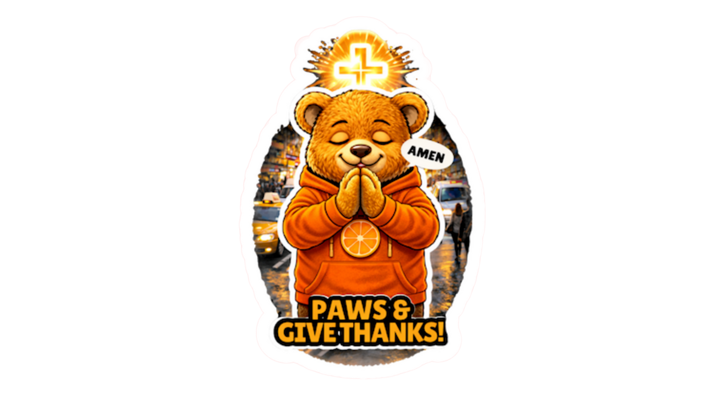 Paws & Give Thanks Sticker – Faith Dosey Bear™ Vinyl Sticker, Inspirational Christian Decal, Cute Prayer Bear Sticker, Gratitude Gift