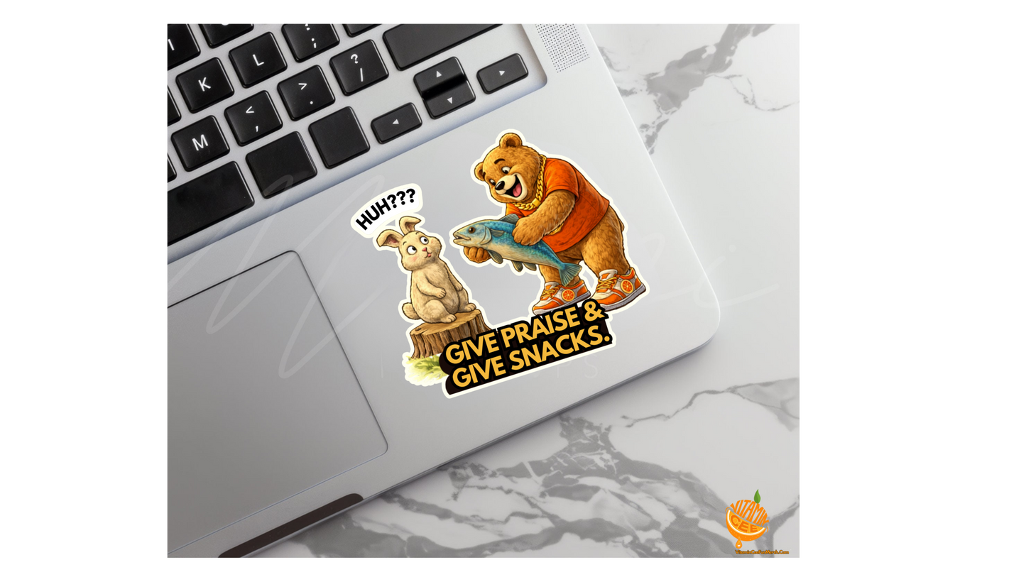 Give Praise & Give Snacks Sticker – Funny Faith Dosey Bear™ Vinyl Sticker, Cute Animal Humor Decal, Christian Funny Gift, Food &amp; Faith Sticker