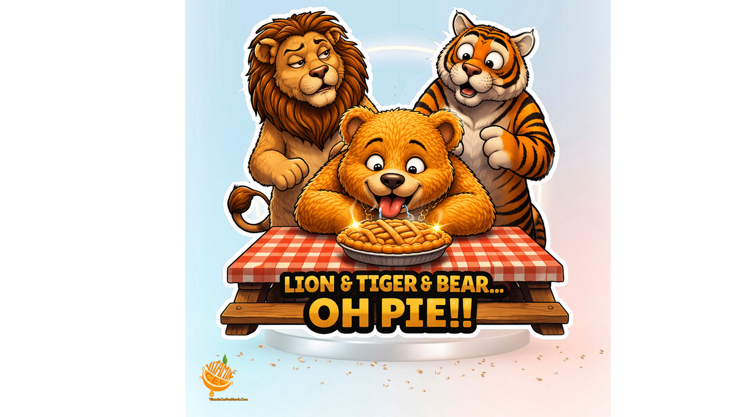 Lion Tiger Bear Oh Pie Sticker – Funny Animal Pun Vinyl Sticker, Cute Dosey Bear™ Pie Cartoon Decal, Wizard Humor Sticker, Food Pun Gift