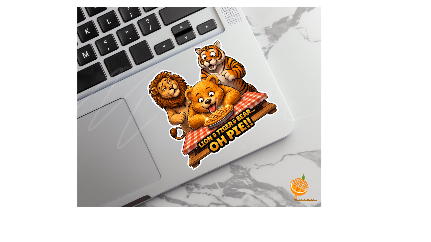 Lion Tiger Bear Oh Pie Sticker – Funny Animal Pun Vinyl Sticker, Cute Dosey Bear™ Pie Cartoon Decal, Wizard Humor Sticker, Food Pun Gift