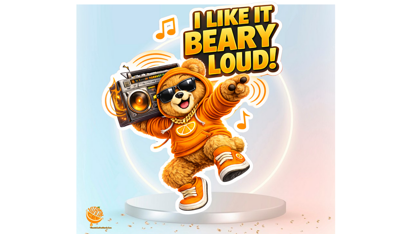 I Like It Beary Loud Sticker – Funny Boombox Dosey Bear™ Vinyl Sticker, Cute Music Lover Decal, Cartoon DJ Bear, Orange Hoodie Bear Sticker