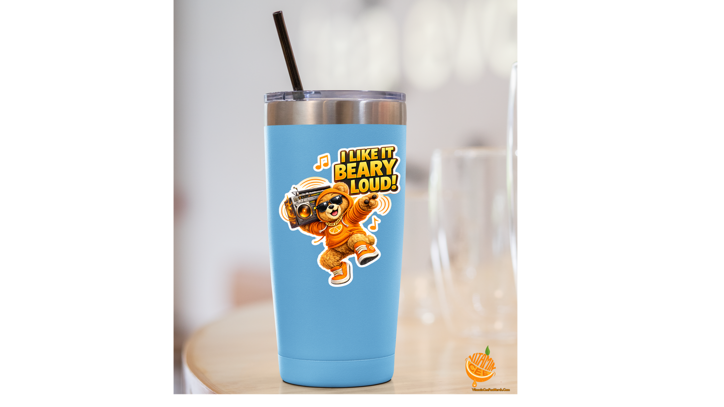 I Like It Beary Loud Sticker – Funny Boombox Dosey Bear™ Vinyl Sticker, Cute Music Lover Decal, Cartoon DJ Bear, Orange Hoodie Bear Sticker