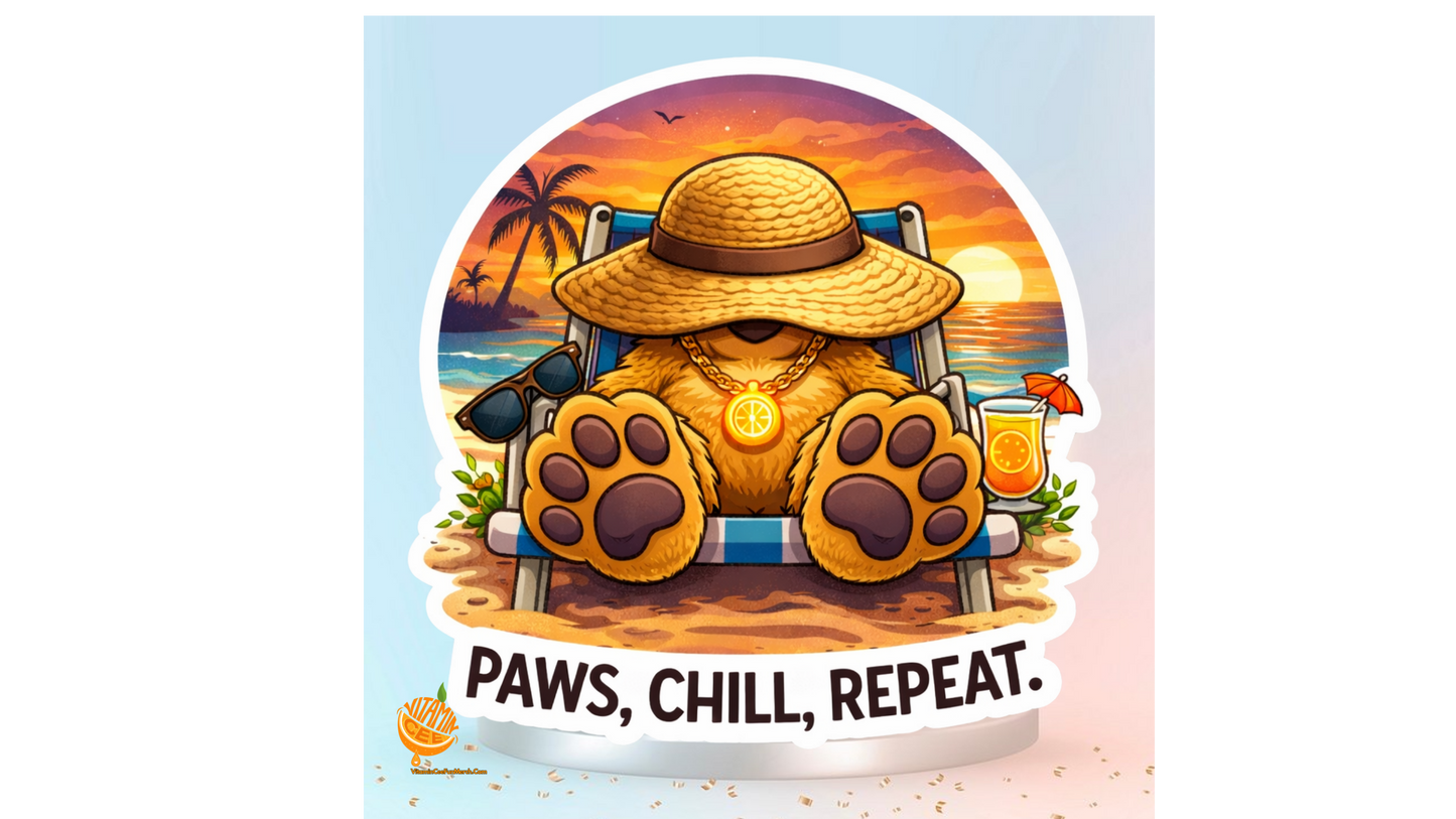 Paws Chill Repeat Sticker – Cute Beach Dosey Bear™ Vinyl Sticker, Relaxing Summer Aesthetic Decal, Chill Vibes Cartoon Bear, Vacation Sticker