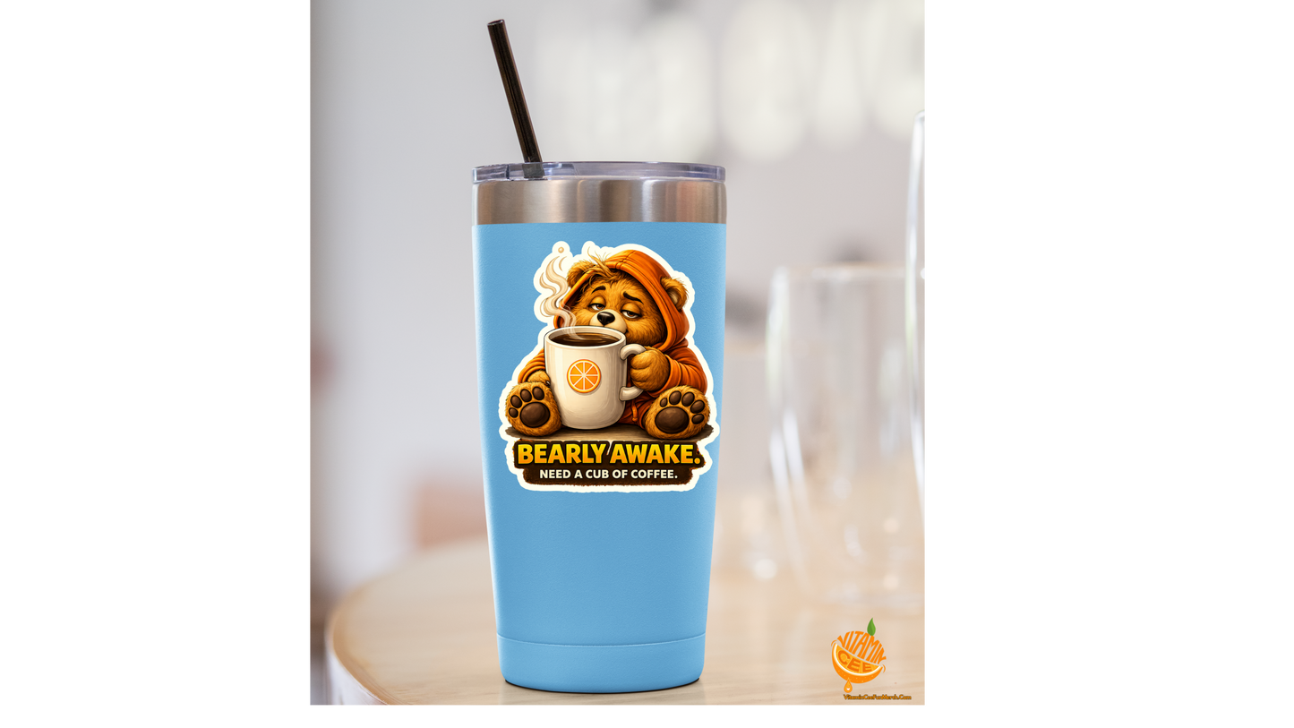 Bearly Awake Coffee Sticker – Funny Dosey Bear™ Coffee Vinyl Sticker, Cute Morning Humor Decal, Coffee Lover Gift, Tired Bear Sticker