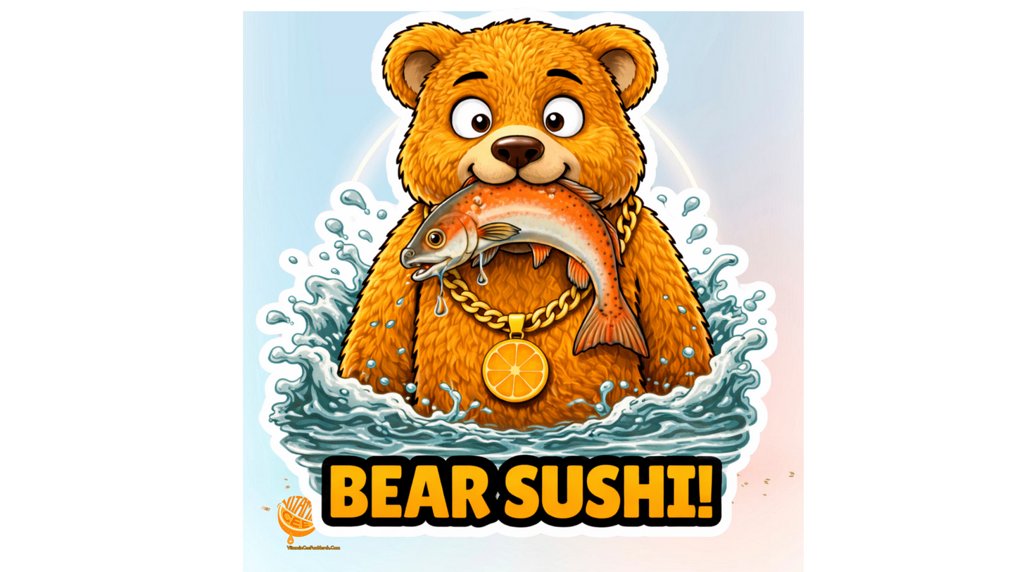 Dosey Bear™ Sushi Sticker – Funny Bear Eating Fish Vinyl Sticker, Cute Food Pun Decal, Cartoon Bear Art, Sushi Lover Gift