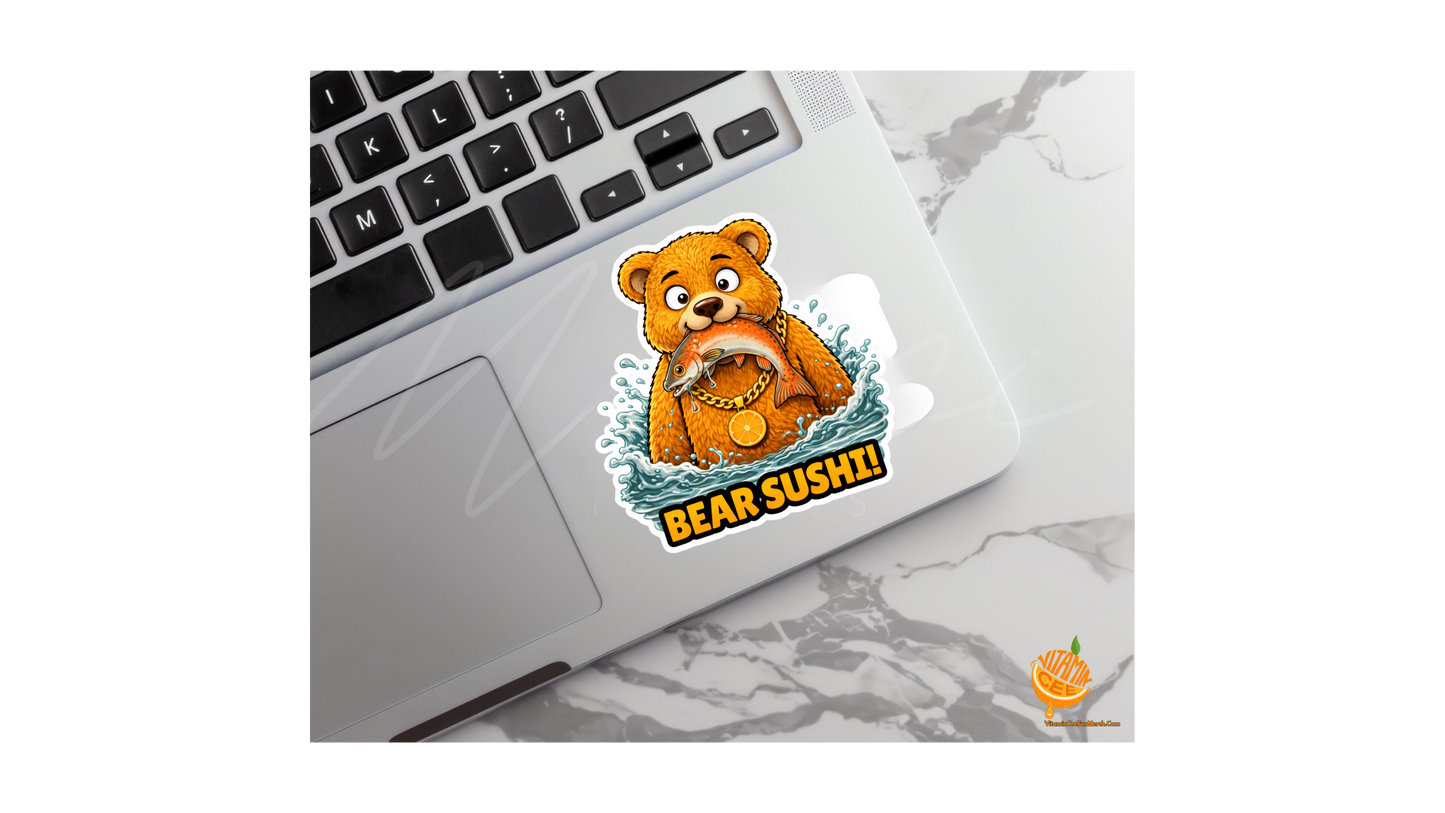 Dosey Bear™ Sushi Sticker – Funny Bear Eating Fish Vinyl Sticker, Cute Food Pun Decal, Cartoon Bear Art, Sushi Lover Gift